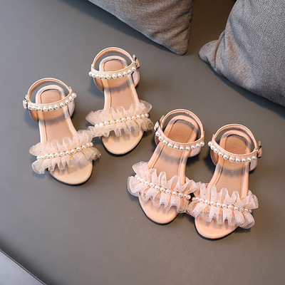 女童涼鞋2021夏新款兒童低跟珍珠網紗公主鞋防滑軟底女童時尚涼鞋