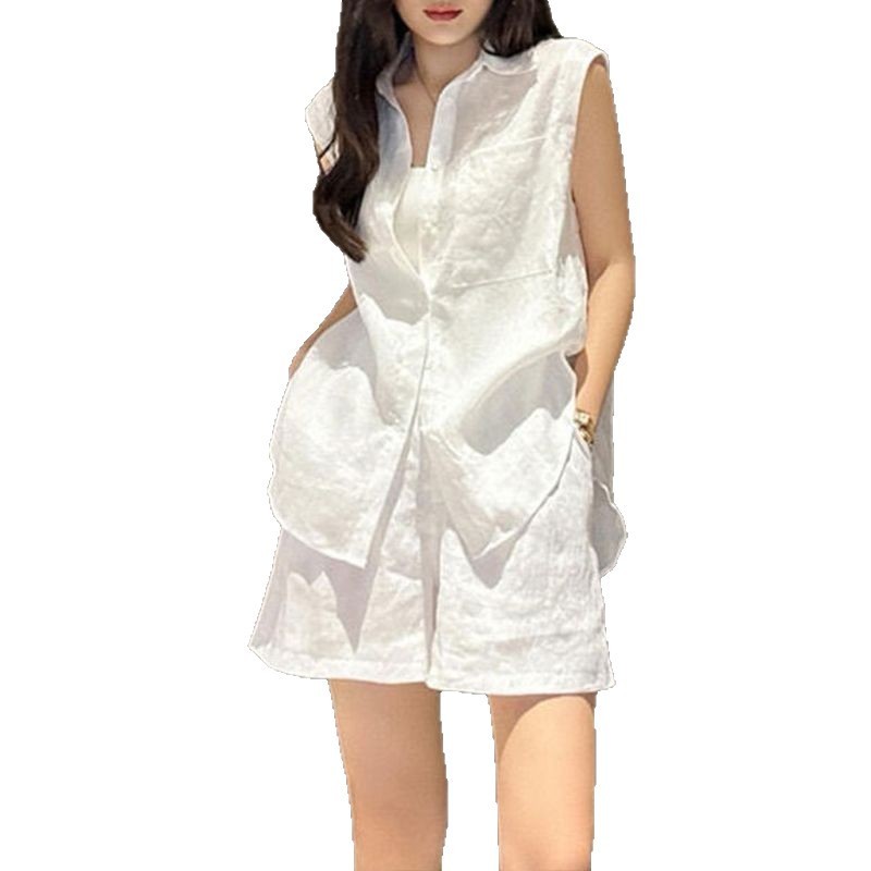 オールドマネースタイルリネンスーツ女性のシャツ夏の新しいファッション日焼け止め白綿とリネンシャツルーズワイドレッグショーツ|undefined