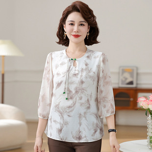 Mom's Summer New Chinese Style Three-Quarter Sleeve Shirt 2025 Foreign Style New Middle-Aged and Elderly Women's Summer National Style Tops