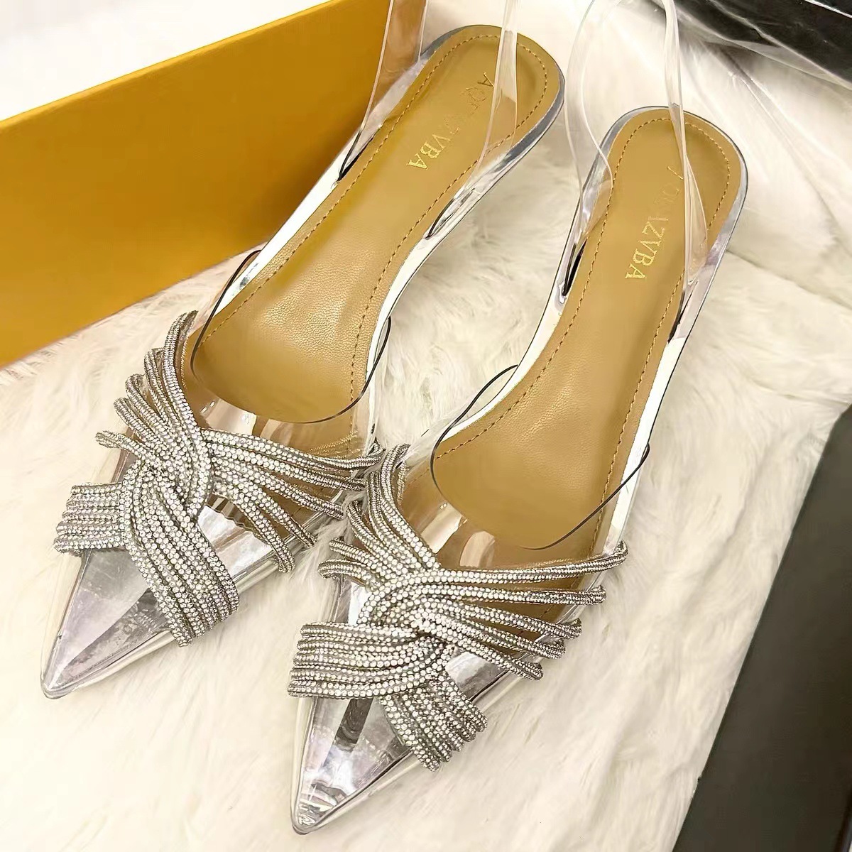 Silver Rhinestone High Heels Transparent Stiletto Mules Closed Toe Crystal Wedding Shoes Versatile Women's Sandals_voghion.com