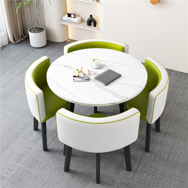 [Factory] 80 imitation white stone round table light green white leather chair