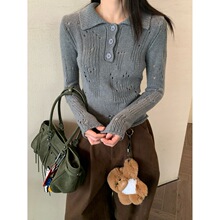 十三行正品2025冬季新款韩版潮流个性百搭翻领镂空粗针显瘦针织衫