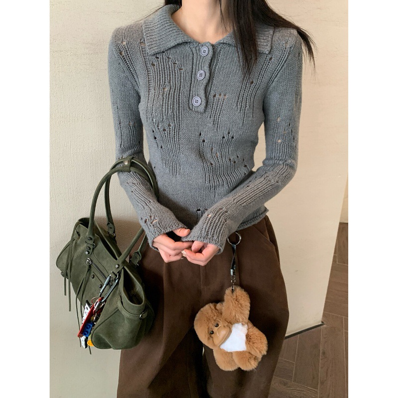 十三行正品2025冬季新款韩版潮流个性百搭翻领镂空粗针显瘦针织衫