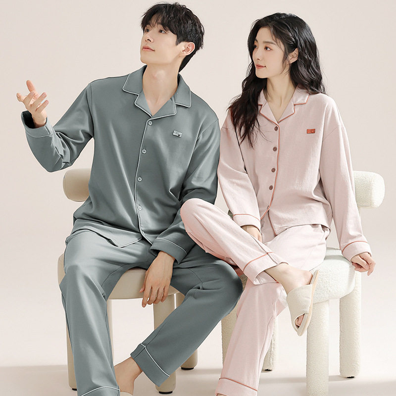 항균 통기성 순면 커플 잠옷 봄과 가을 긴 소매 바지 가디건 옷깃 플러스 사이즈 세트 남성 및 여성 홈 옷