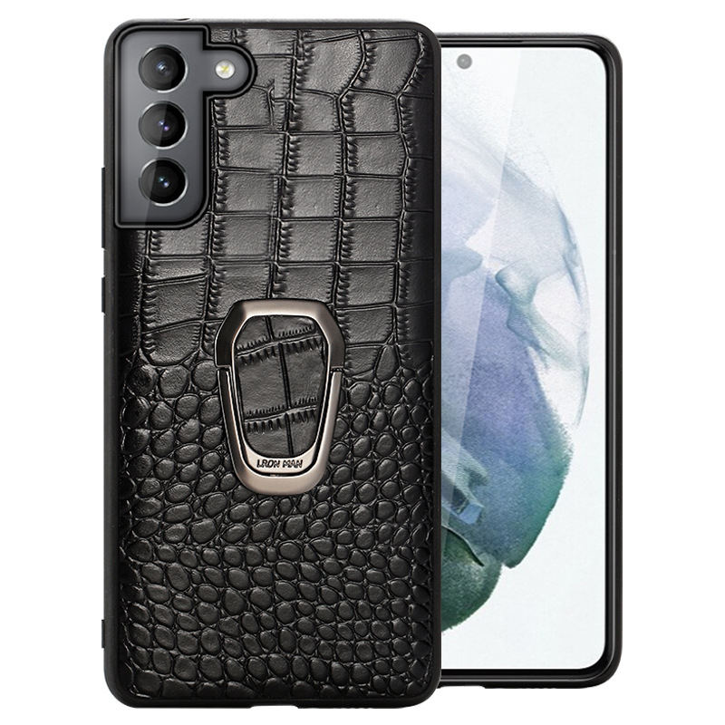 适用三星s23ultra鳄鱼纹手机壳note20牛皮s21plus支架后盖S22一件