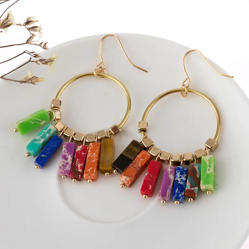 Alloy, natural stone Material Cross-border Hot Selling Natural Stone Earrings Stylish Good Texture Colorful Emperor Stone Cuboid Colorful Pendant Earrings