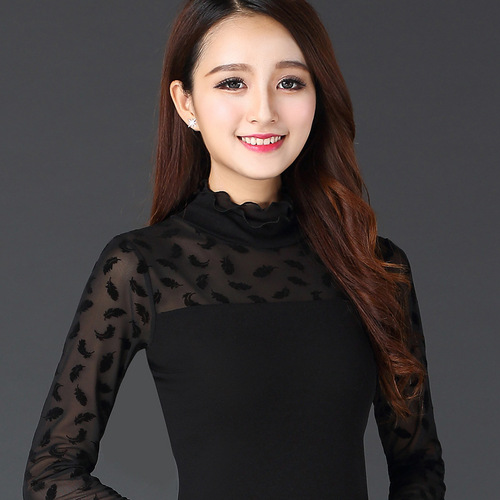 Spring and Autumn New Black Fungus Lace Net Mesh Camisole Top for Women, Slimming Long-Sleeve T-Shirt Top