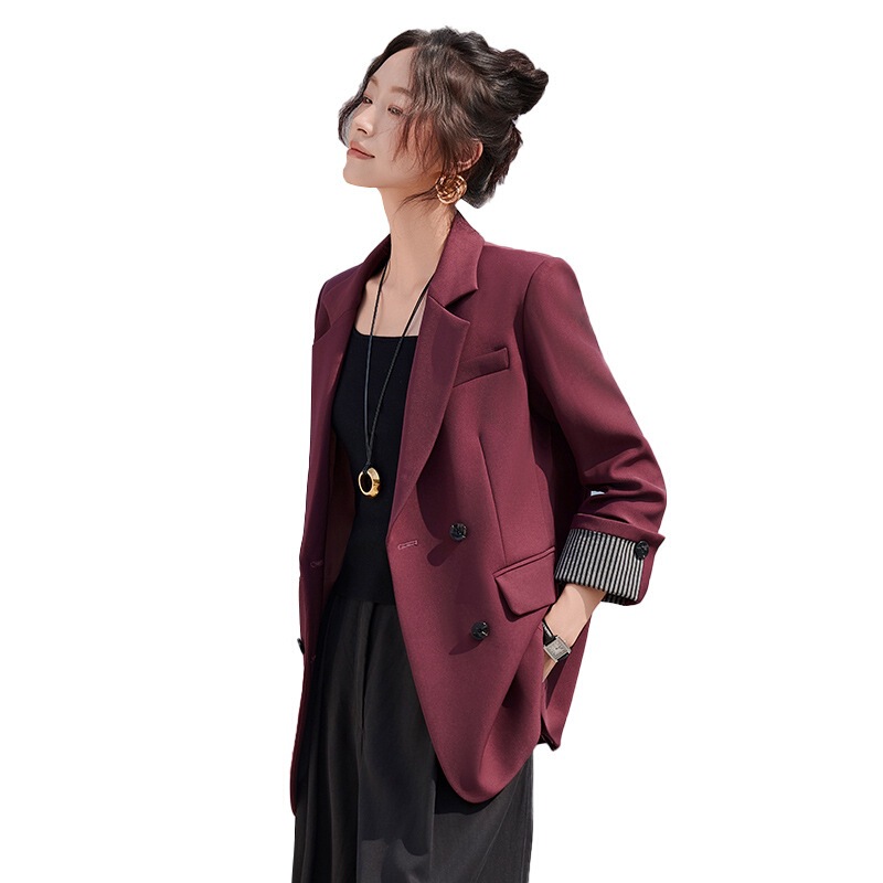 春秋新款韩版休闲西装外套女2025宽松大件气质西服上衣拼接双排扣|undefined