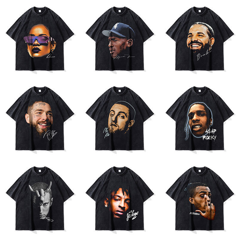 Big Face White Ink Rap Print Hip Short-Sleeve Washed Hip-Hop Retro Big Head Star Hop Shirt Trendy Brand T-Shirt Direct Printing