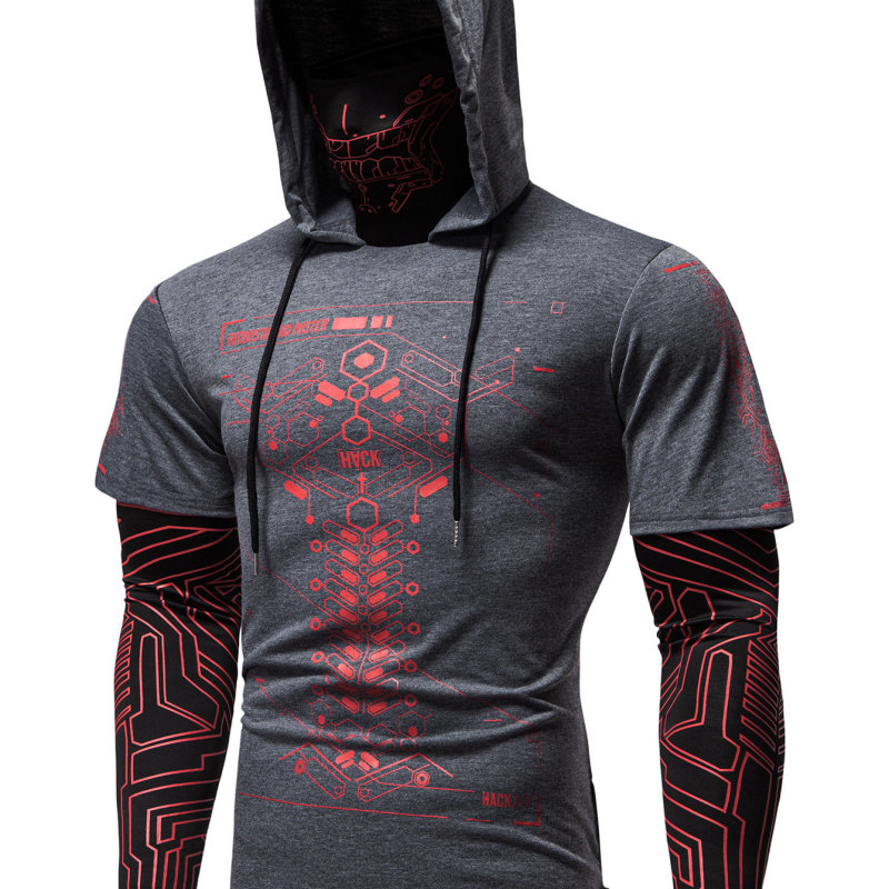 2026 New Men's T-Shirt Cross-Border Foreign Trade Men's Clothing Casual Geometric Pattern Printed Mask Hooded Long-Sleeved Top