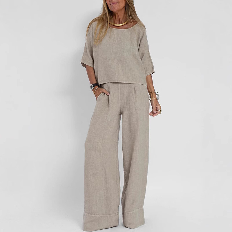 Casual Fashion Pocket Long Pants Beach Suit Spring Summer Short Sleeve Top Pullover Set Women Cotton Linen Solid Color Two-Piece