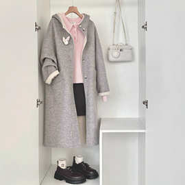 绵羊毛加长款水墨灰白羊毛大衣外套高级感通勤休闲双面质感HL57