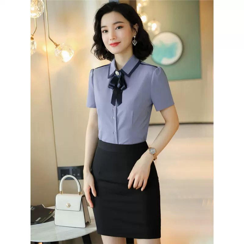 夏季餐饮服务员工作服短袖衬衫女高端餐厅酒店前台职业装衬衣
