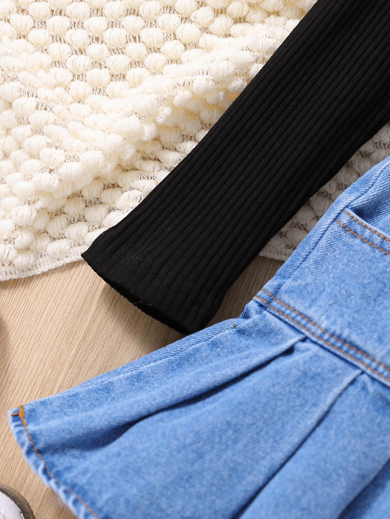 Abbigliamento per bambini 2024 Set di 3 pezzi con top con scollo a V e gonna in denim e cappello, per ragazze_voghion.com