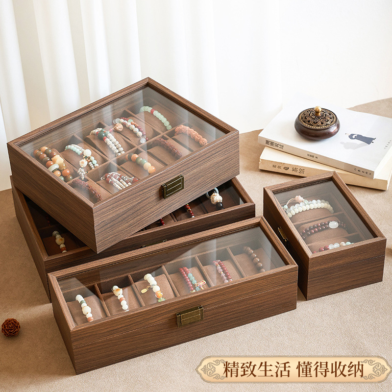 胡桃木纹手串收纳盒首饰水晶手链手表展示盒大容量透明天窗文玩盒