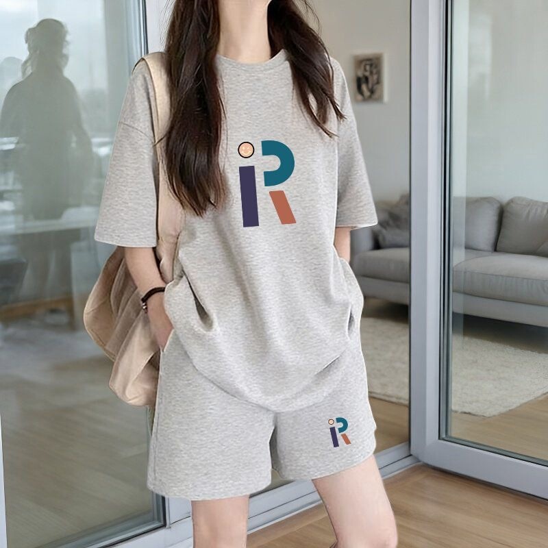 Warm Maple Summer Thin Set: Trendy Solid Color Round Neck Pullover Korean Style Letter Print Short Sleeve and Shorts Two-Piece Set Warm Maple Summer Thin Set: Trendy Solid Color Round Neck Pullover Korean Style Letter Print Short Sleeve and Shorts Two-Piece Set