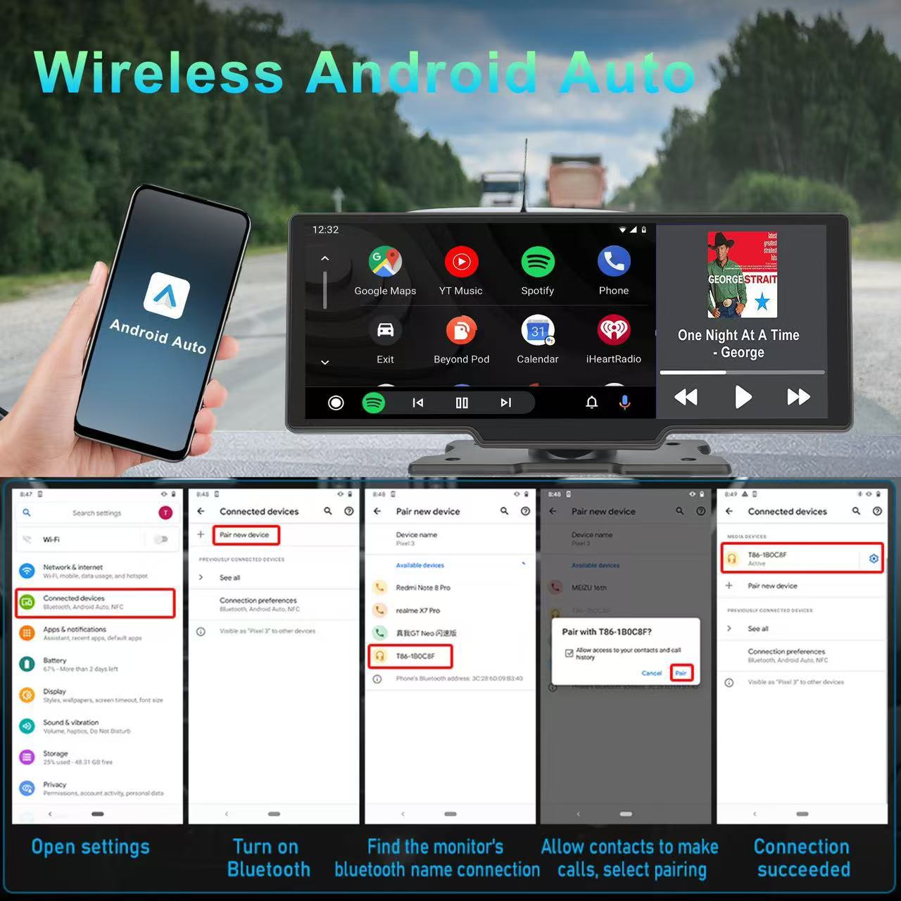 Center Console Android 13.0 Dash Cam with Hd Night Vision, Wireless Carplay, Android Auto Screen Mirroring, and Bluetooth