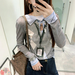 2025秋季长袖T恤女新款趣味假两件3D印花工牌菱格针织衬衫条纹