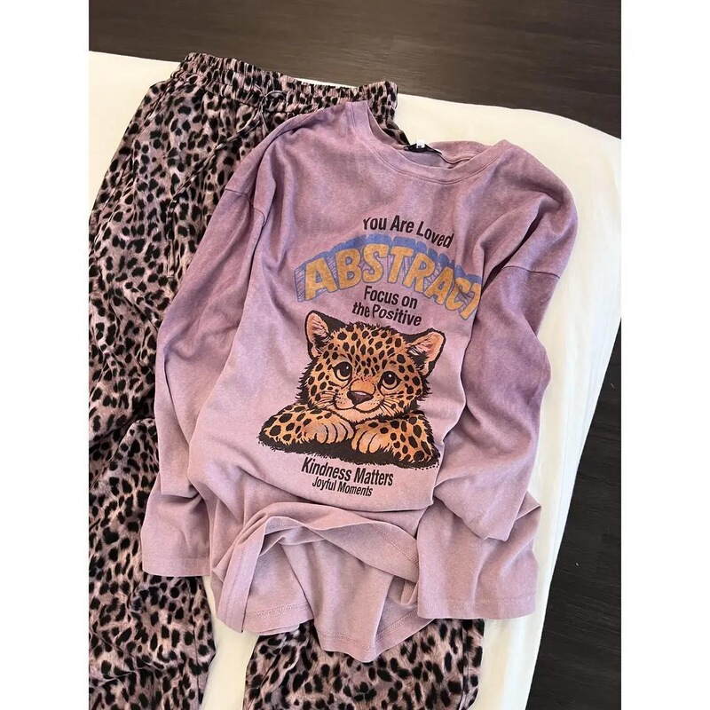 [Pure Cotton] Ziyun Leopard Round-Neck Long-Sleeved Long-Pants Pure Cotton Pajama Set That Can Be Worn Outside the Home for Women