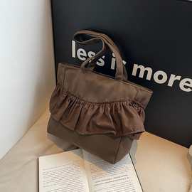 跨境休闲帆布女包包韩版褶皱裙边装饰慵懒风大容量通勤上课舞蹈包