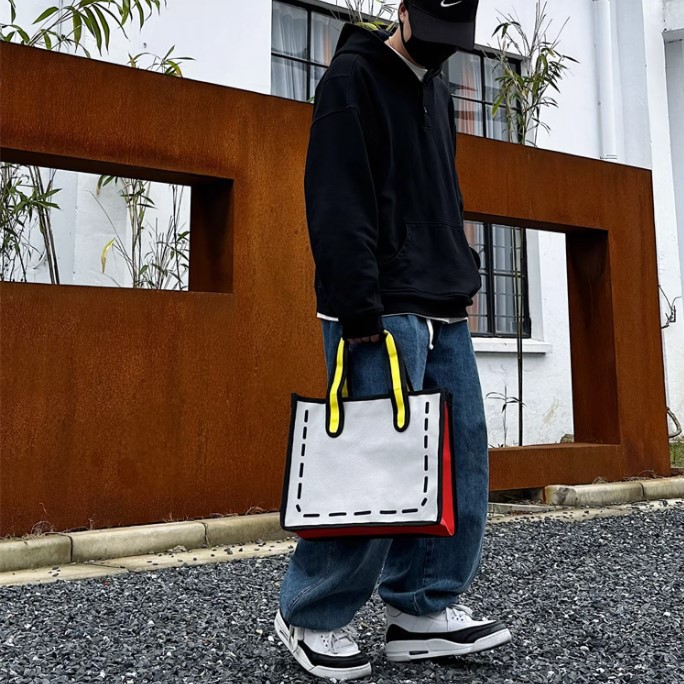 3D卡通涂鸦时尚手提包 搞怪潮流饭盒手拎棉布袋 简约托特包