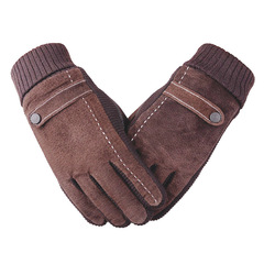 Men's Winter Thick Fleece Lined Warm Pigskin Riding Motorcycle Cold Proof Touch Screen Outdoor Cotton Gloves
