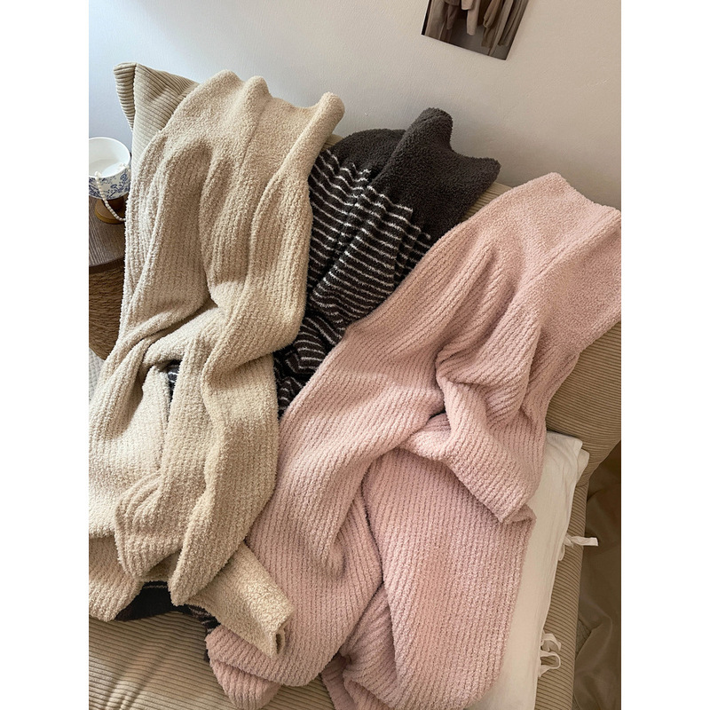 [in Stock] Knitted Warm Korean Style Striped Pajama Pants for Women, Autumn and Winter, Fleece-Lined, High-End Feel, Home Pants Suitable for Going Out