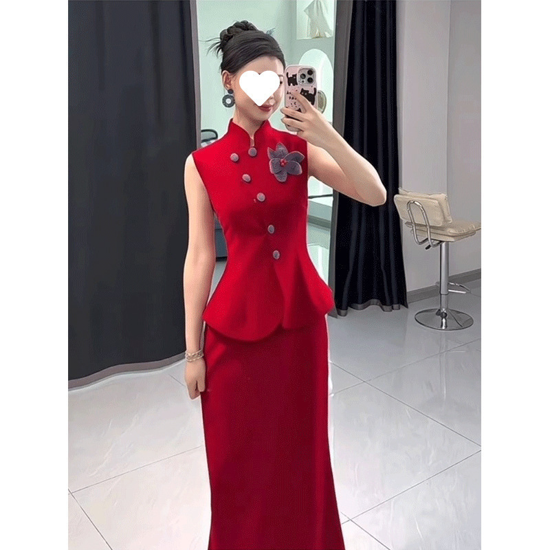 新中式女装红色西装清冷松弛感穿搭套装夏季无袖旗袍上衣直筒半裙|undefined