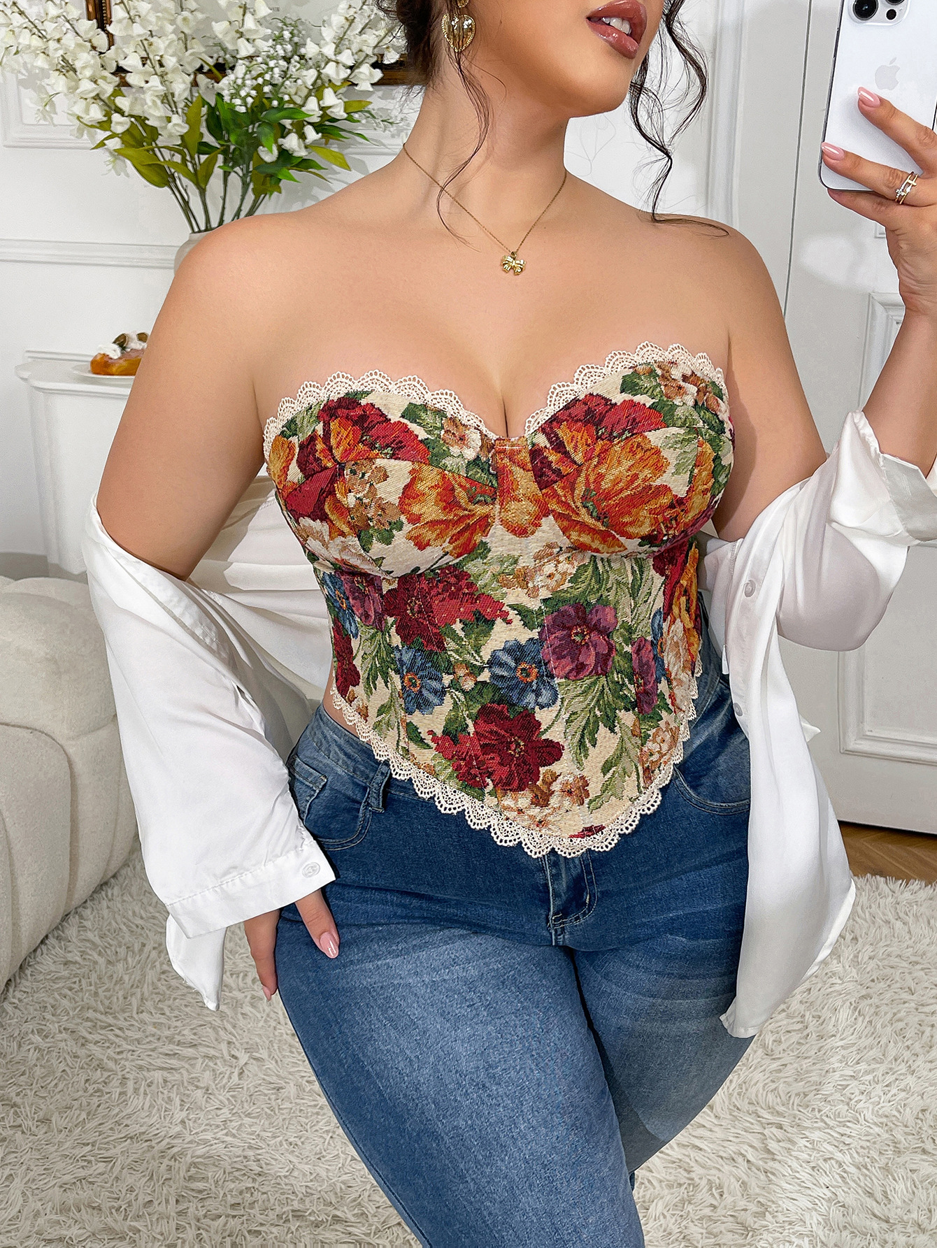 Gran tamaño retrógrado corsé de hueso de pescado francés cruzado sexy chaleco de flores envueltas en el pecho correa superior nueva moda de mujer