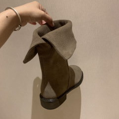 牛皮版~韩版小众设计真皮磨砂翻边两穿短筒西部靴女粗跟切尔西靴