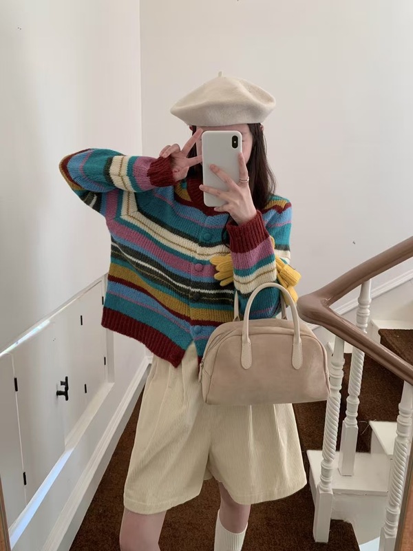 韩系减龄多巴胺彩条圆领毛衣开衫女文艺感休闲百搭针织衫外套上衣|undefined