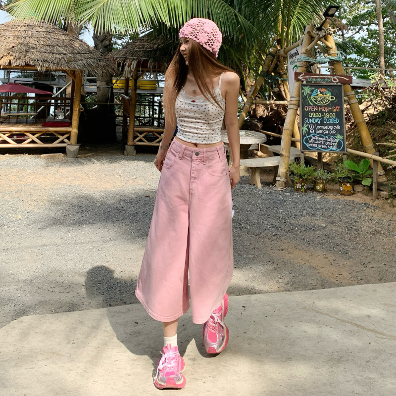 Yc& American Retro High-Waisted Drapey Cropped Pants Versatile Wide-Leg Pants Spring and Summer New Straight-Leg Jeans for Women in Pink Yc& American Retro High-Waisted Drapey Cropped Pants Versatile Wide-Leg Pants Spring and Summer New Straight-Leg Jeans for Women in Pink
