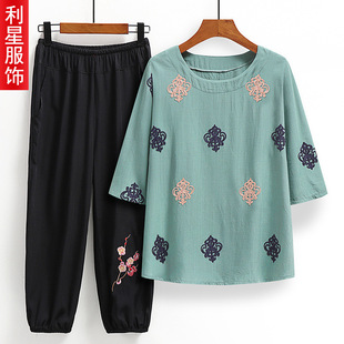 Elderly Women's Large Size Embroidered Seven-Sleeve T-Shirt Cotton and Linen Suit Mother Summer Small Shirt Western Style Grandma Top