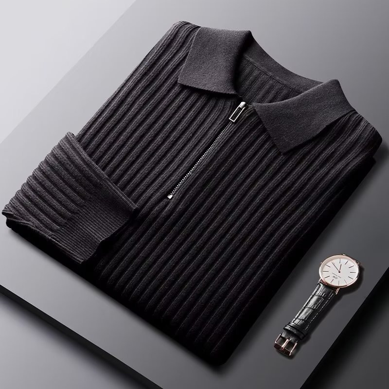 Chaolunbu Autumn and Winter Casual Sweater Men's Versatile Retro Lapel Sweater Pure Color Zipper Long-Sleeved Knitted Polo Shirt for Men
