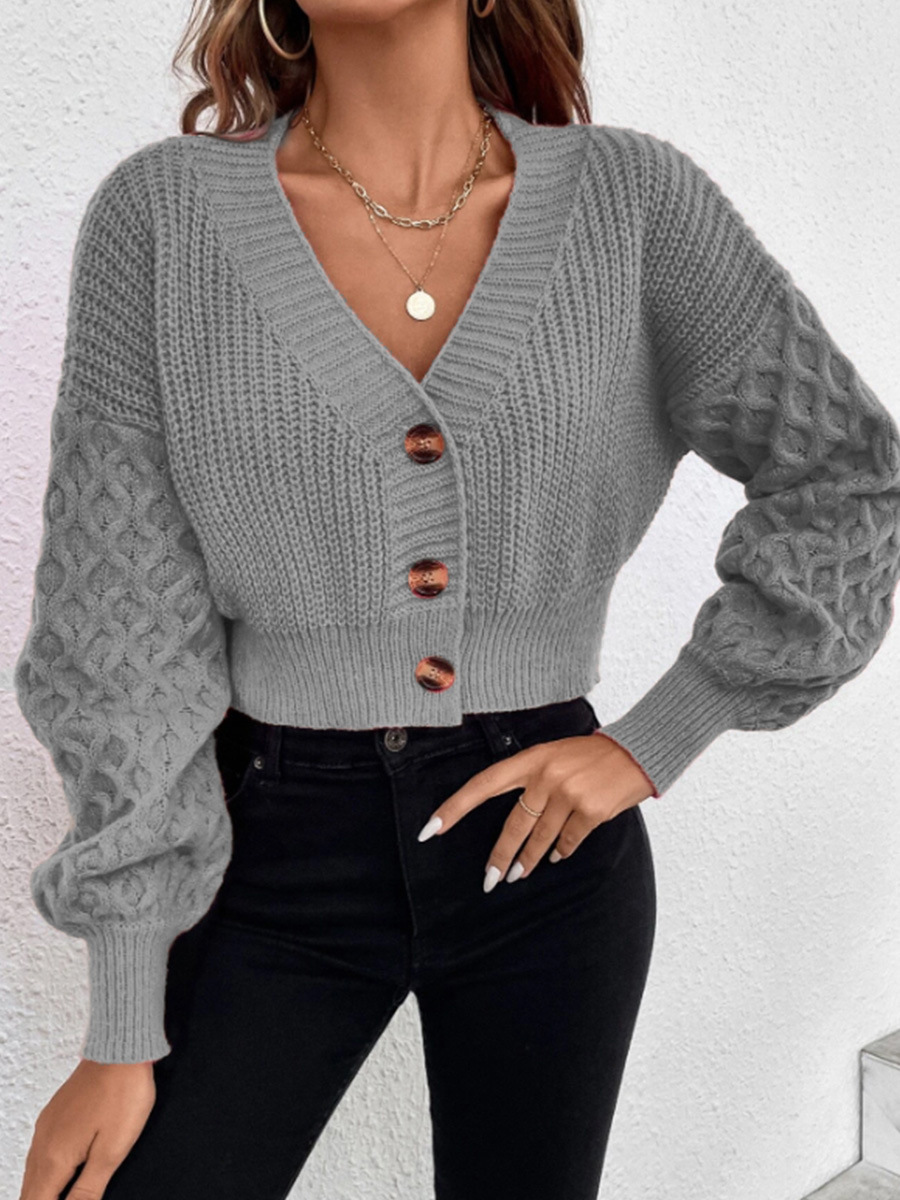 Transfronterizo Amazon comercio exterior V-collar mono hebilla suéter chaqueta de diseño de color sólido europeo y americano sensación de caída de hombro manga cardigan de punto