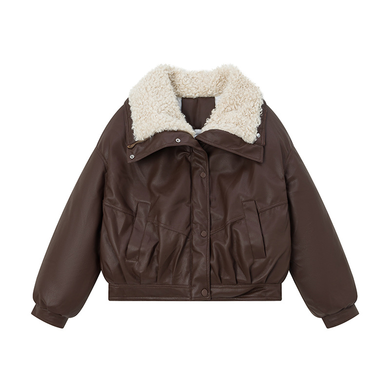 2025 nueva ropa de algodón de piel de cordero universal mujer corta ropa de algodón de pluma de cordero invierno chaqueta de algodón de cuello de flip
