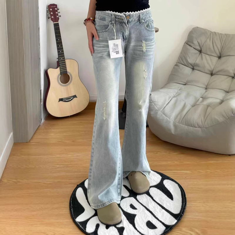 Retro Design Ripped Micro-Flare Jeans for Women, Slim Fit, Flattering, Leg-Lengthening, Light Blue with Lace Trim Retro Design Ripped Micro-Flare Jeans for Women, Slim Fit, Flattering, Leg-Lengthening, Light Blue with Lace Trim