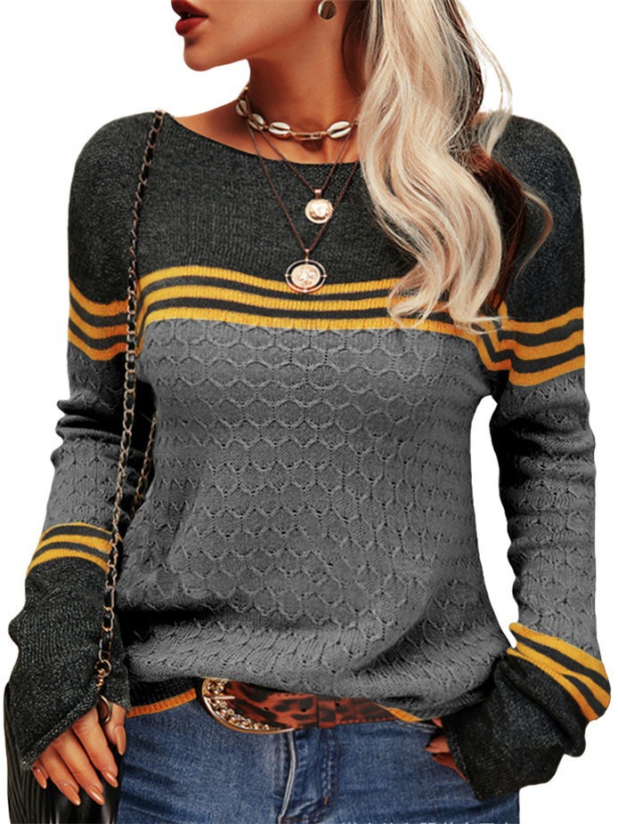 Otoño e invierno transfronterizo nuevas mujeres de ganchillo elegante superior de cercanías europeo y americano de manga larga de punto a rayas de color a juego suéter de cuello redondo