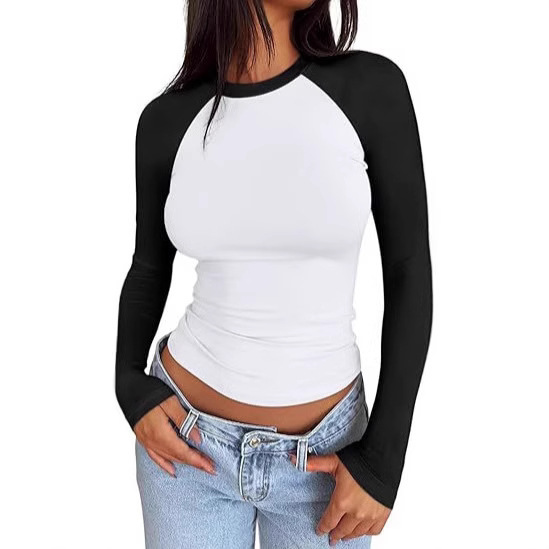 Cross-border European and American Women's Long-sleeved Shirt Autumn Hot Girl Slim-fit Stretch Color-matching Slightly Short Milk Silk Top