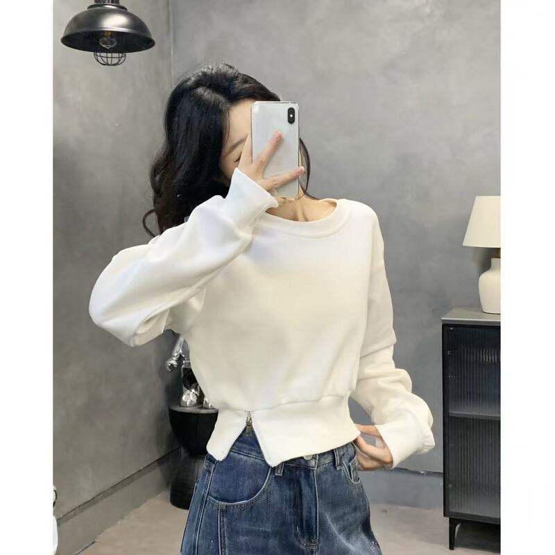 1064 Spring New Fashion Slim-Fit Versatile Casual Niche Design Long-Sleeve Side-Zip Sweatshirt White Gray