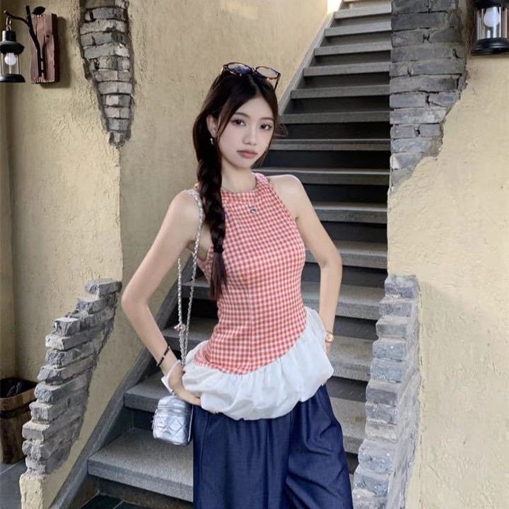 Summer New Style Sweet Irregular Hem Design Off-Shoulder Vest Slim Fit Versatile Plaid Top with Fixed Chest Pads Summer New Style Sweet Irregular Hem Design Off-Shoulder Vest Slim Fit Versatile Plaid Top with Fixed Chest Pads