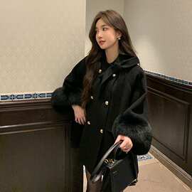 高级感法式毛呢外套秋冬新款气质加厚保暖毛毛袖口呢子大衣小个子