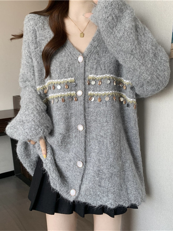 慵懒风灰色V领亮片毛衣外套女2025秋冬大码胖mm针织开衫软糯上衣|undefined