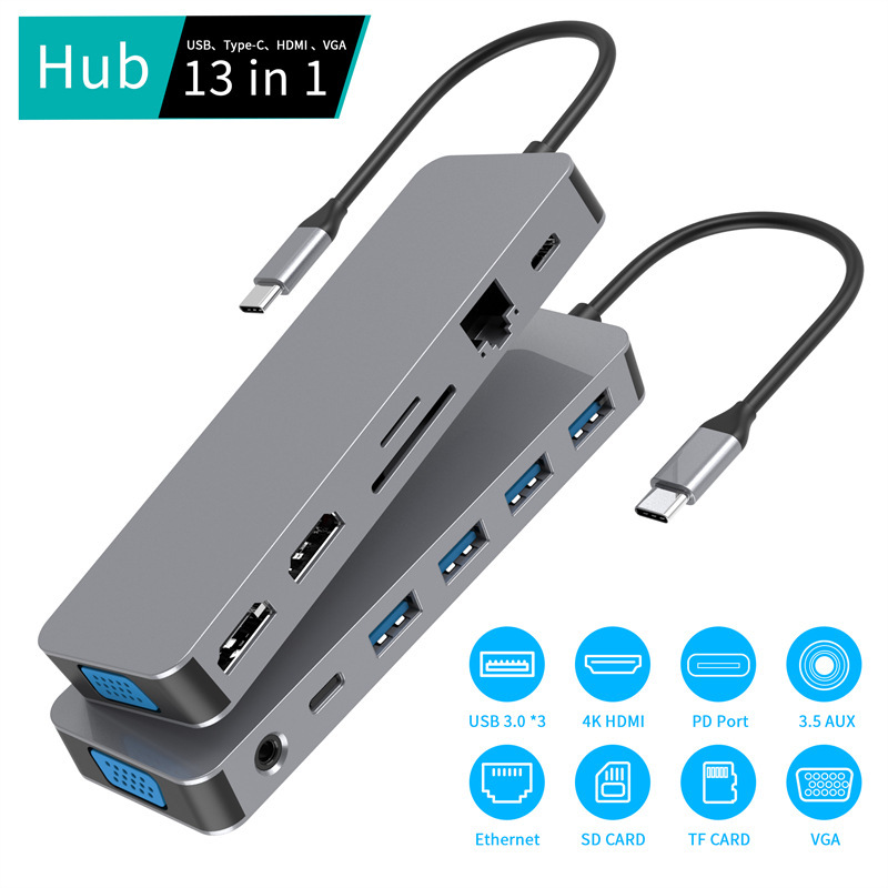 13-in -1 multi-port type-c docking station to dual HDMI gigabit network VGA USB C HUB notebook HUB