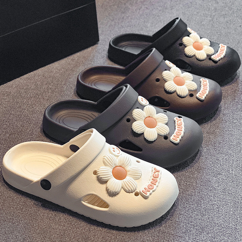 Versatile Daisy Peep-Toe Clogs for Women, Non-Slip Bathroom Slippers for Summer, Two-Way Wear, Soft Sole, Lightweight, Suitable for Outdoor Wear, Men's Slippers