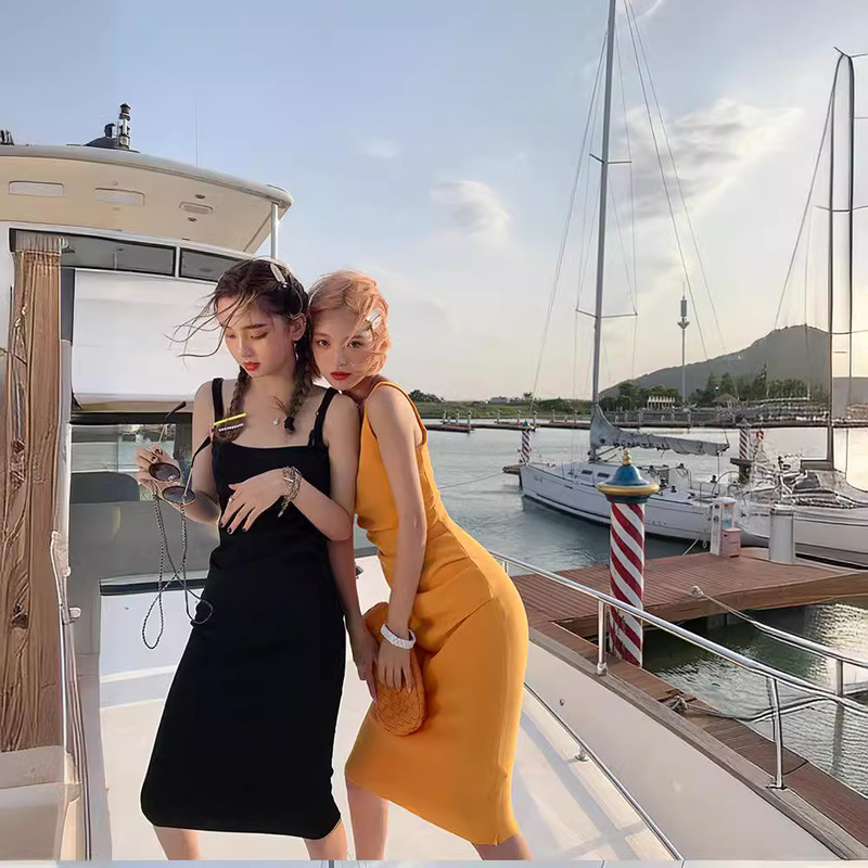 2025 Summer Women's Slim Fit Hip-Wrapping Waist-Cinching Petite Short and Long Elastic Strap Venus Dress