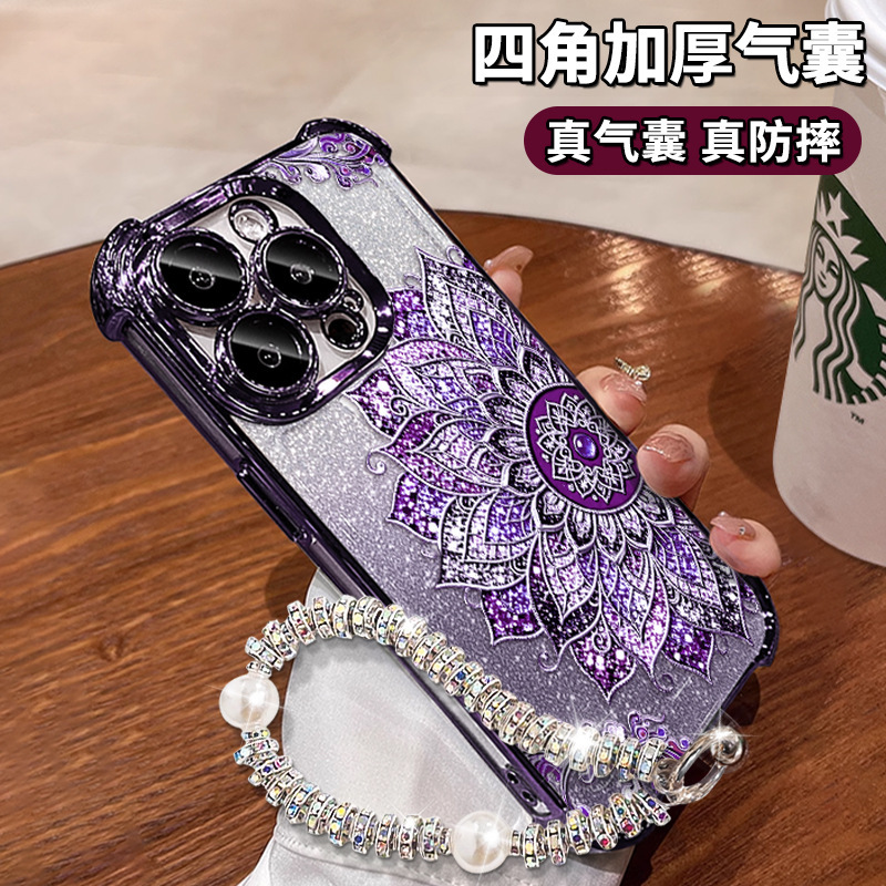 Purple totem bracelet phone case for Apple 17 Pro Max, iPhone 16, four-corner drop protection, 15 with subtle glitter, 14 for women