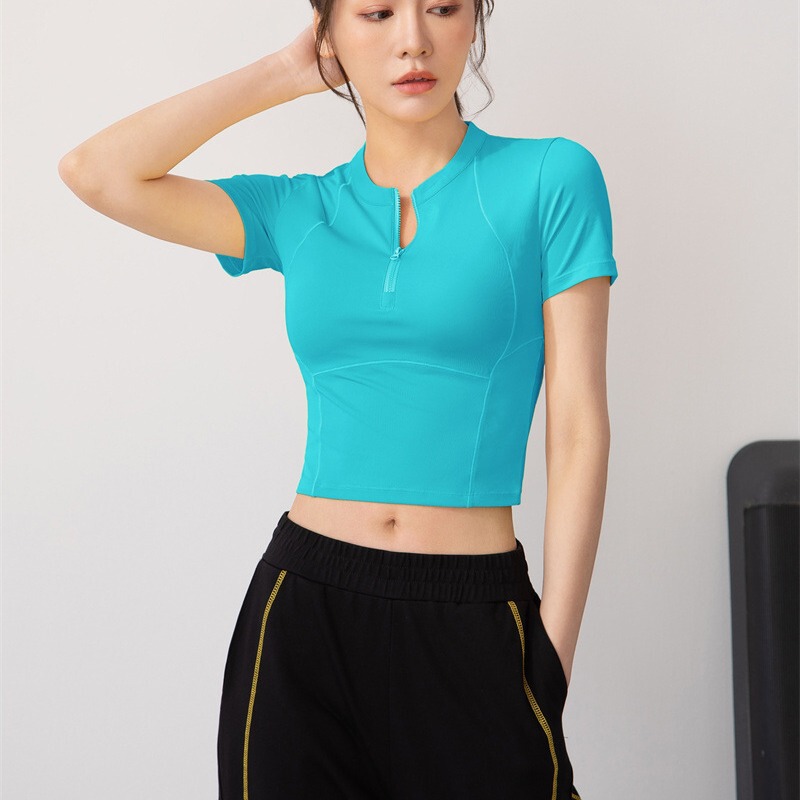 Half-Zip Fitness Clothes Women's Running Quick-Dry Clothes Sports Short-Sleeved T-Shirt Summer Slimming Thin Casual Yoga Top