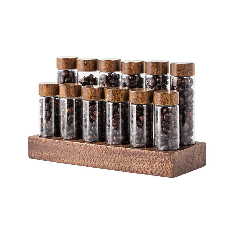 Factory Direct Sales of Coffee Bean Bottles with Wooden Stands, 12 Designs of Coffee Bean Bottles with Wooden Stands, 12 Types of Coffee Utensils