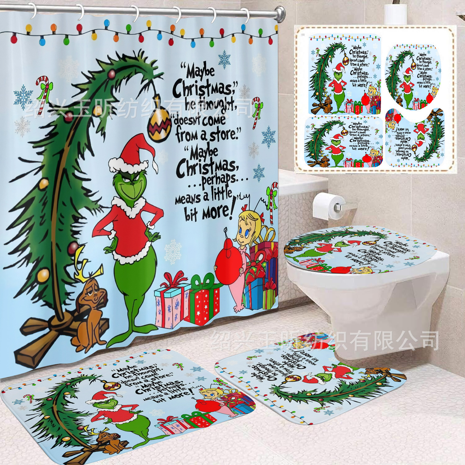 Tela de cortina de ducha transfronteriza, cortina de ducha impermeable, alfombra antideslizante de baño, juego de Grinch 4 de pelo verde al por mayor, sin perforación